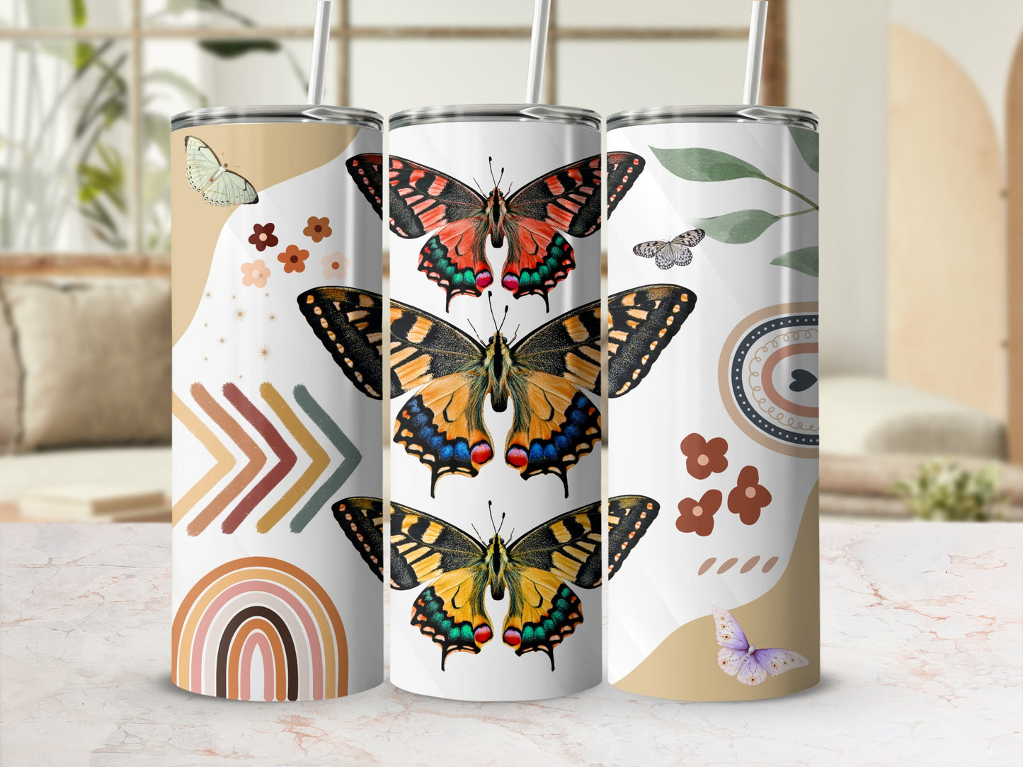 Colorful Butterfly Art Tumbler with Straws Drinkware