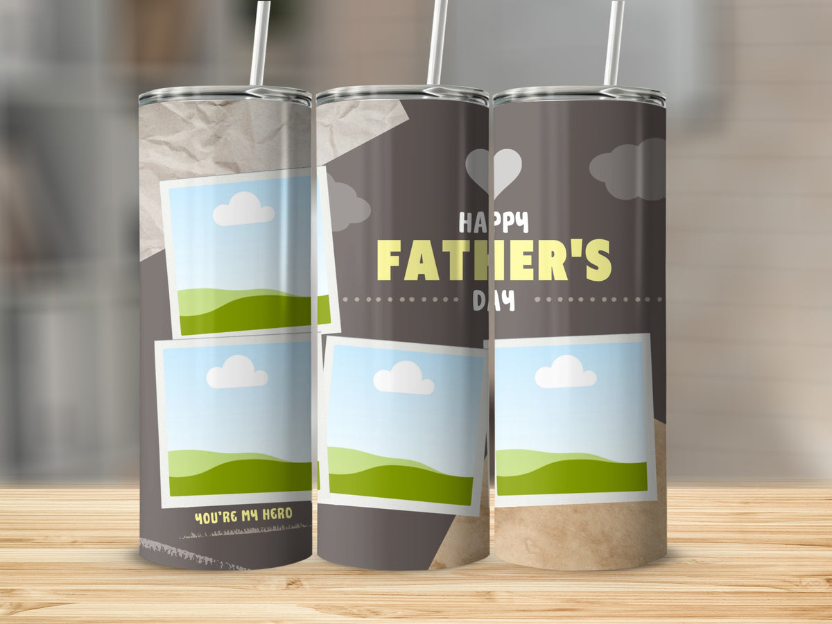 Tumblers with "Happy Father's Day" text and placeholder photo frames.
