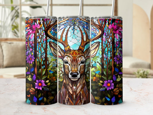 Stained glass deer in forest with colorful flowers, three tumblers.