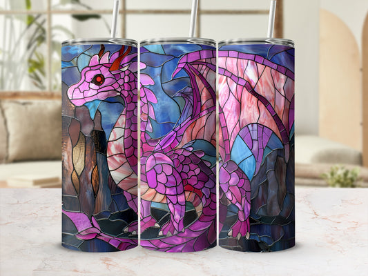 Purple dragon stained glass design on three tumblers.