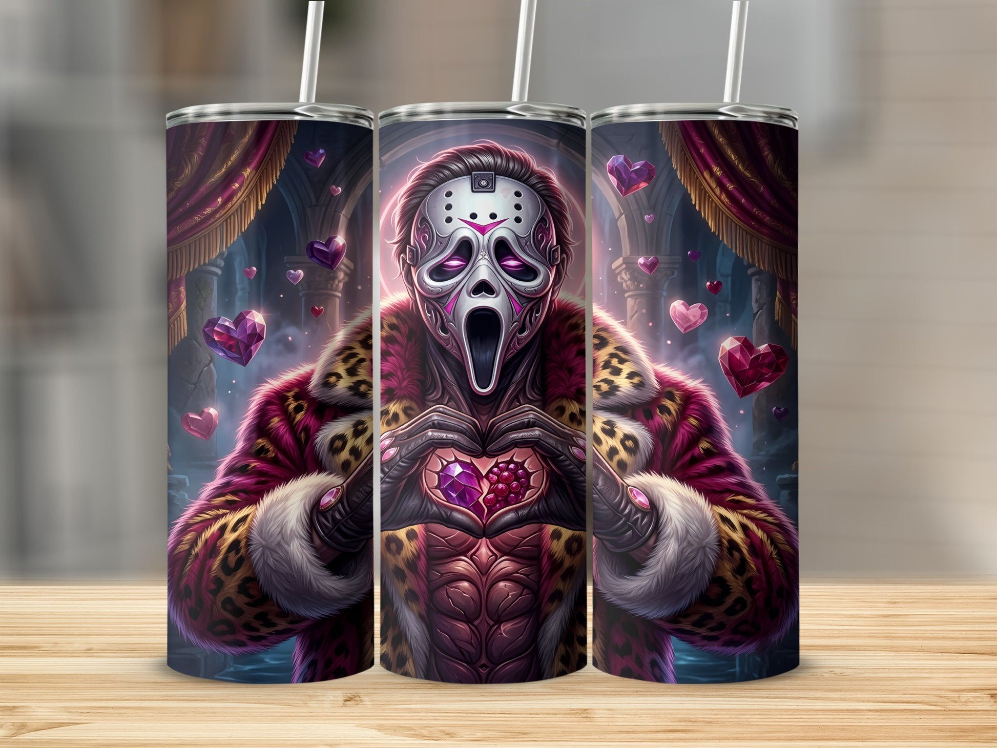 Horror mask character in leopard print fur coat forms heart with hands.