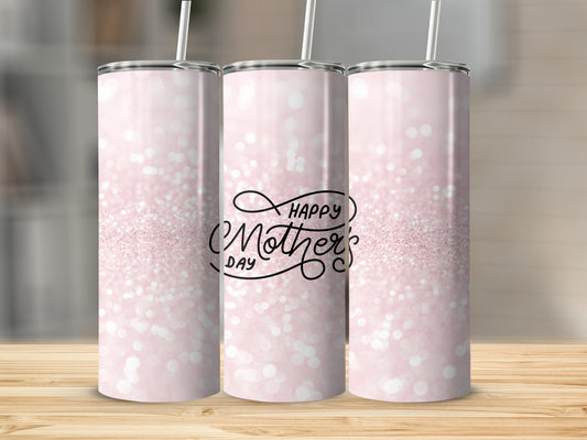 Three pink glitter tumblers with "Happy Mother's Day" text.