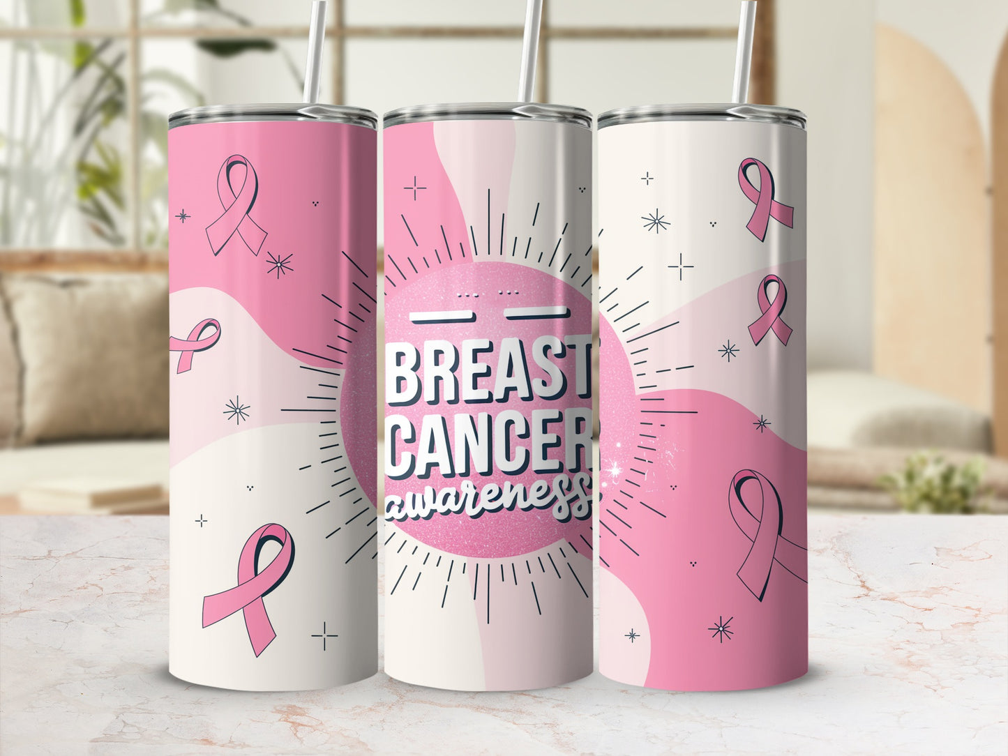 Pink tumbler with "Breast Cancer Awareness" text and ribbon graphics.