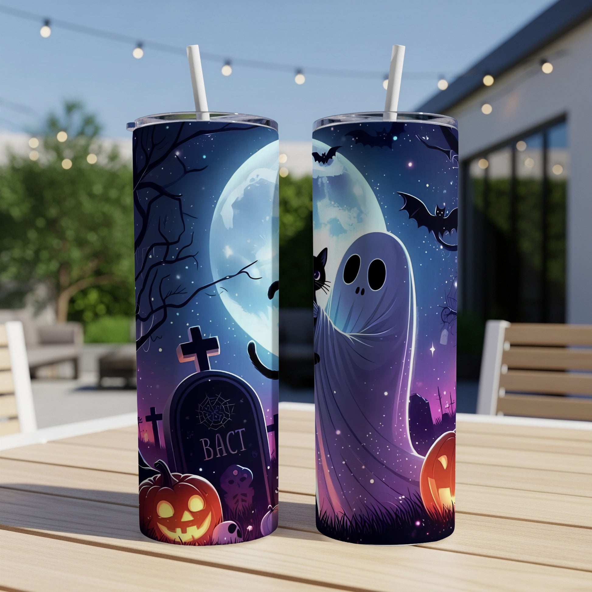 Halloween tumblers with ghosts, pumpkins, bats, and a tombstone reading "BACT".