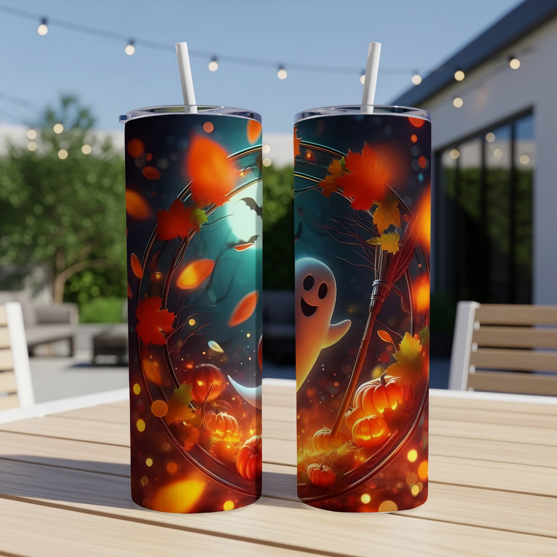 Two tumblers with a Halloween theme featuring pumpkins, a ghost, and autumn leaves.