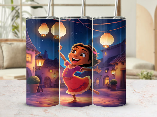 Cartoon girl in pink dress dancing under lanterns in a town square.