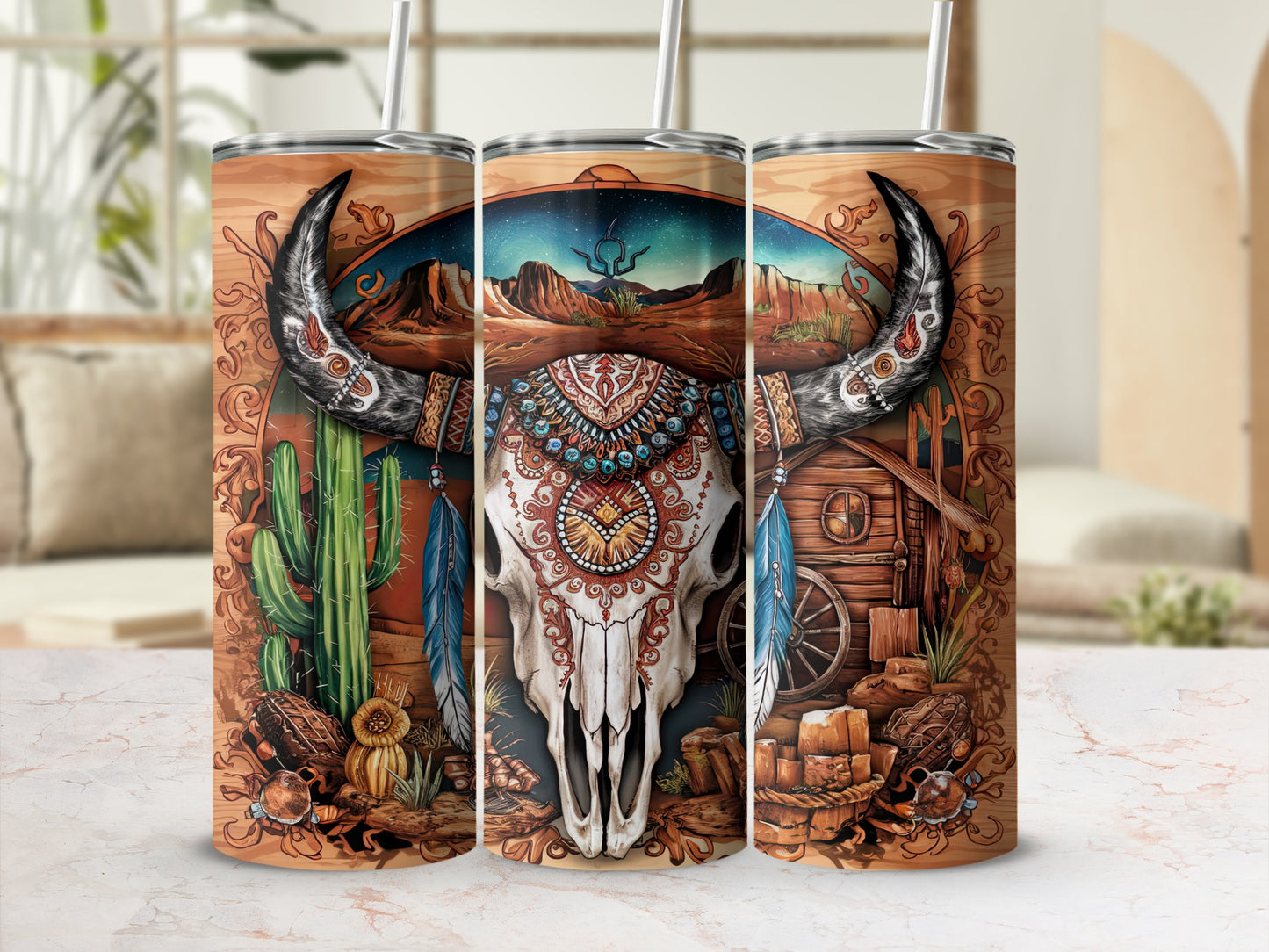 Western-themed tumbler with bull skull, feathers, and desert landscape.