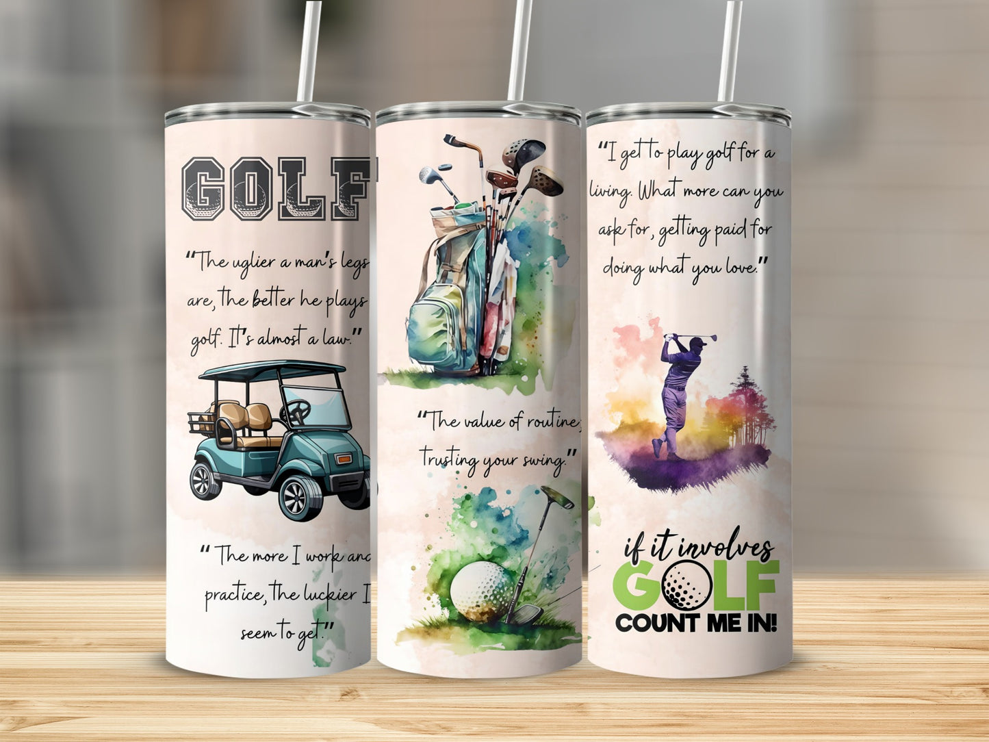 Golf Themed Tumbler with Colorful Designs and Quotes
