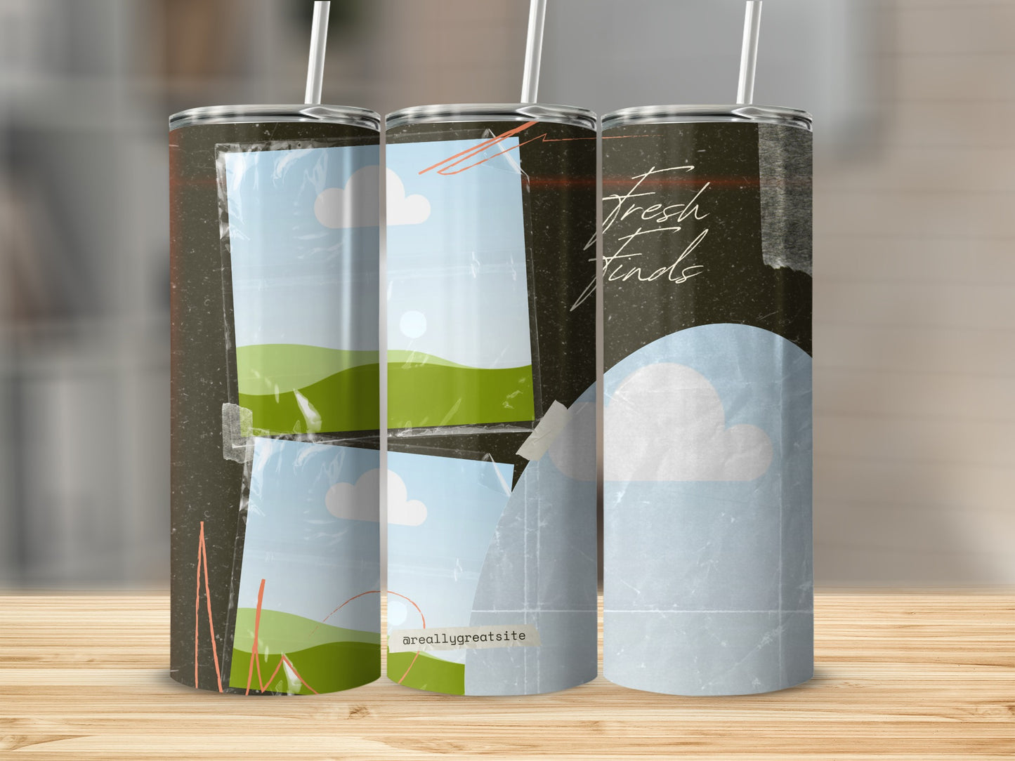 Three tumblers with "Fresh Finds" and landscape photo collage design.