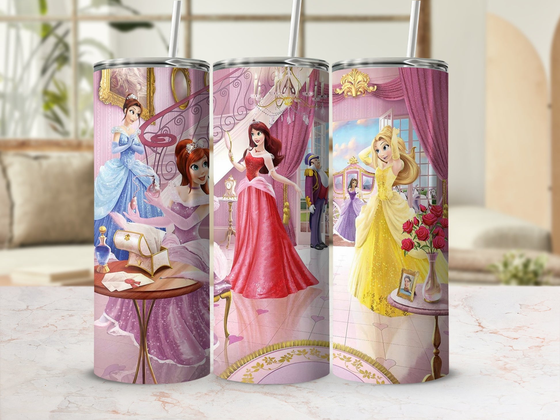 Elegant Princess Themed Tumbler Cup with Straw