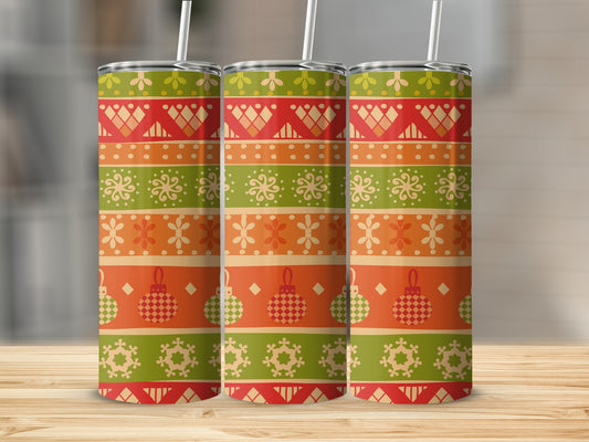 Three insulated tumblers with a festive, repeating geometric Christmas pattern.