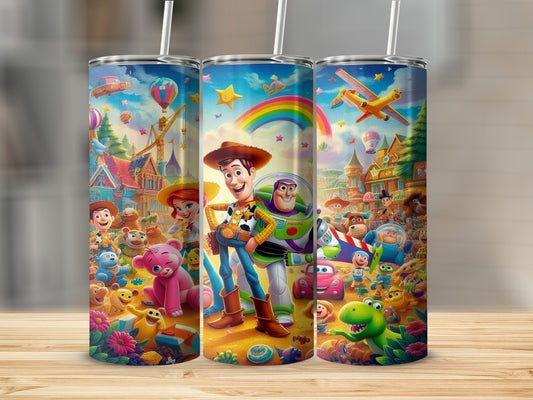 Toy Story characters Woody and Buzz Lightyear with friends on a carnival background.