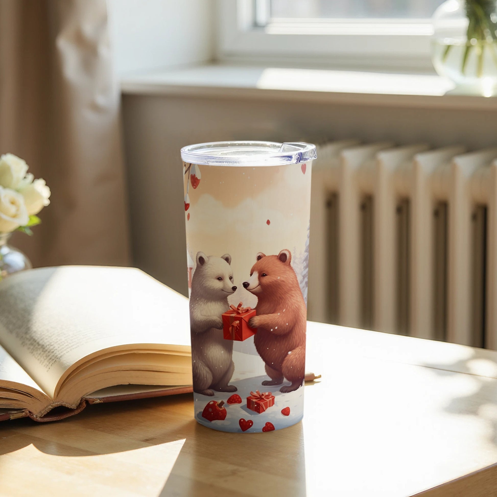 Adorable Bear Couple Exchanging Gifts with Hearts Tumbler