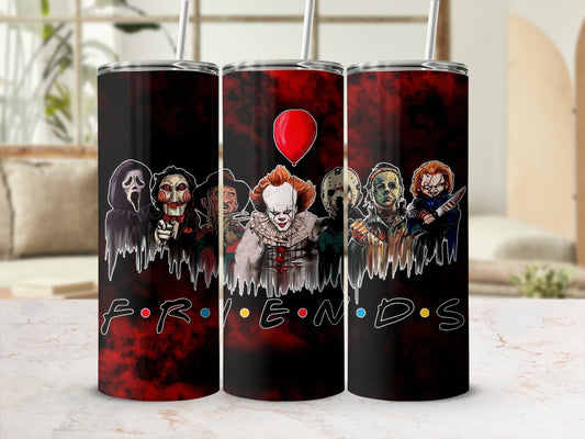 Horror characters and "Friends" logo on a black and red marbled tumbler.