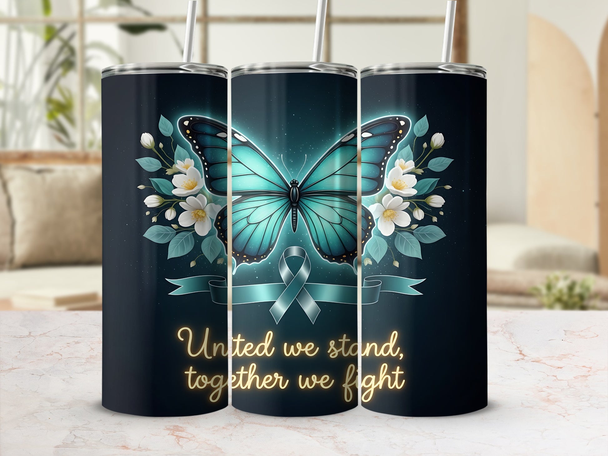 United We Stand Together We Fight Butterfly Tumbler