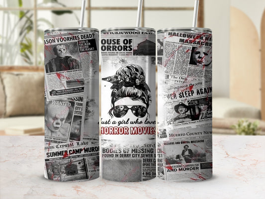 Horror movie newspaper headlines with Jason, Pennywise, Freddy, and Michael Myers.