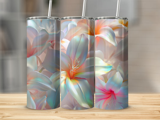 Three tumblers with iridescent floral design and straws.