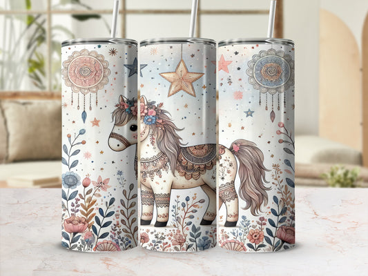 Three decorative tumblers featuring a whimsical horse and floral design.