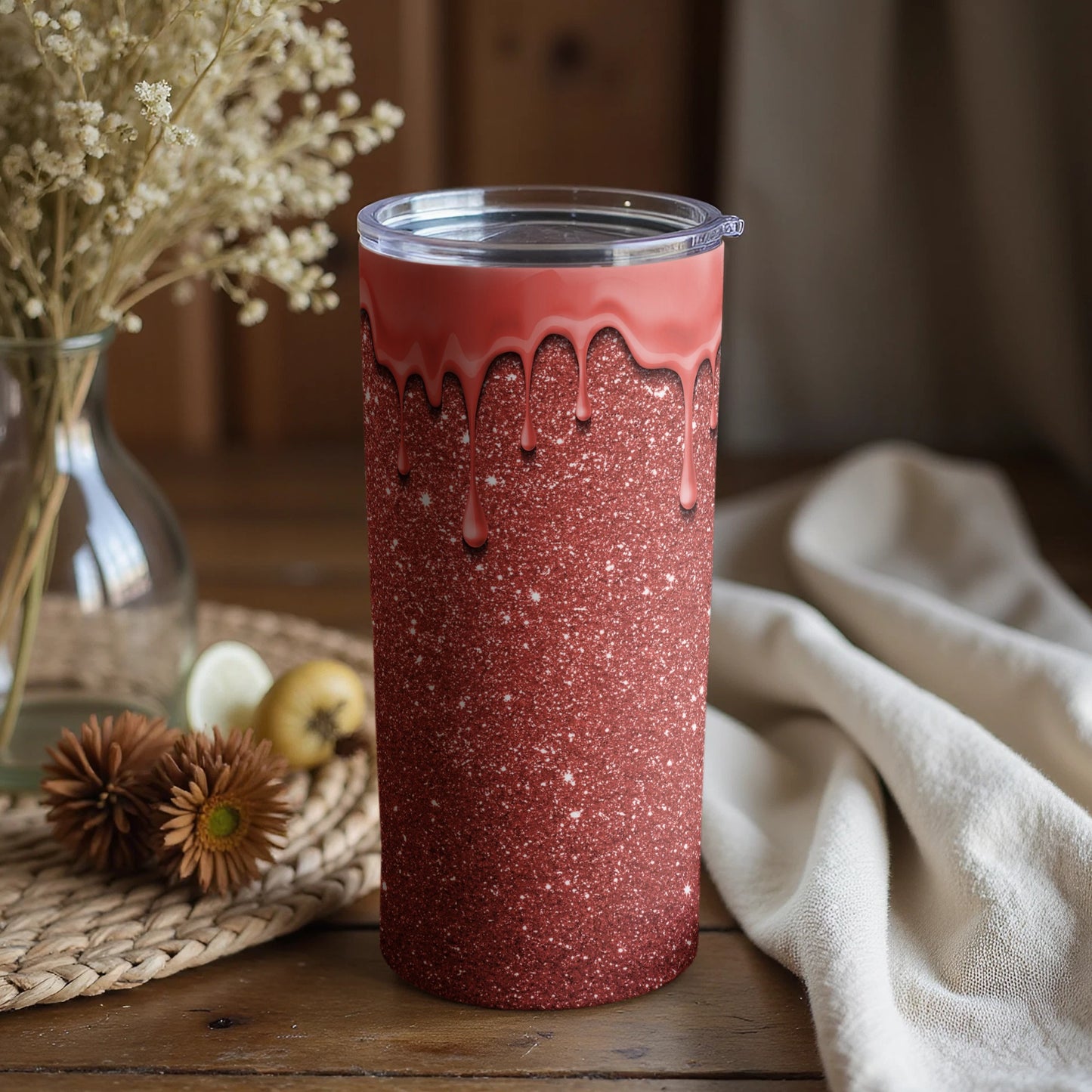 Rose Gold Glitter Tumbler with Dripping Paint Design