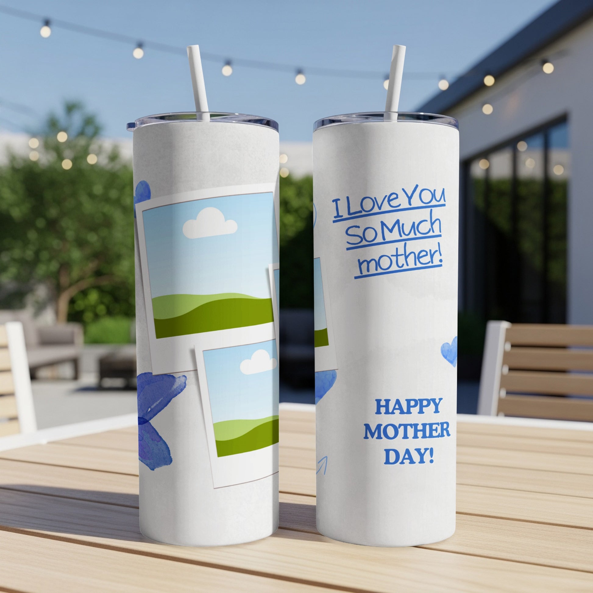 Two white tumblers with blue text "I Love You So Much mother!" and "HAPPY MOTHER DAY!".