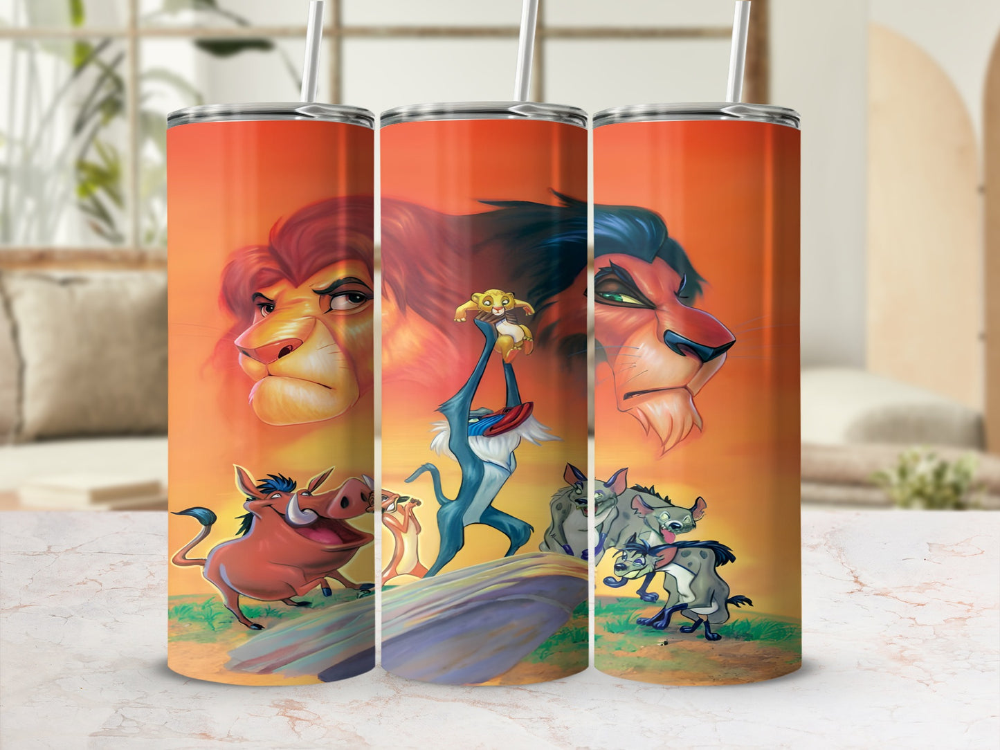 The Lion King characters Simba, Mufasa, Scar, Timon, Pumbaa, and Zazu on a tumbler.