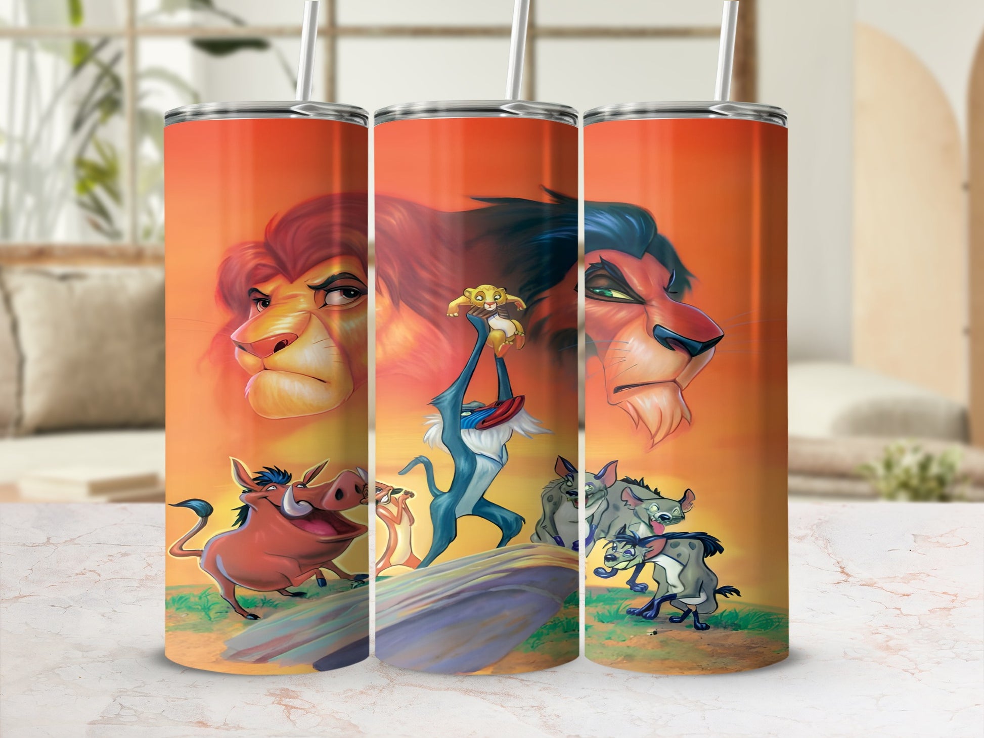 The Lion King characters Simba, Mufasa, Scar, Timon, Pumbaa, and Zazu on a tumbler.