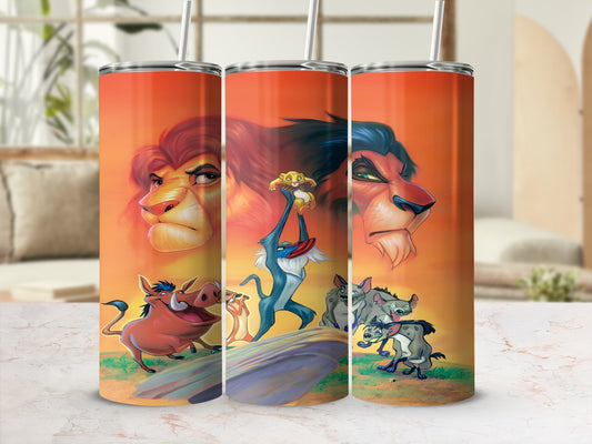 The Lion King characters Simba, Mufasa, Scar, Timon, Pumbaa, and Zazu on a tumbler.