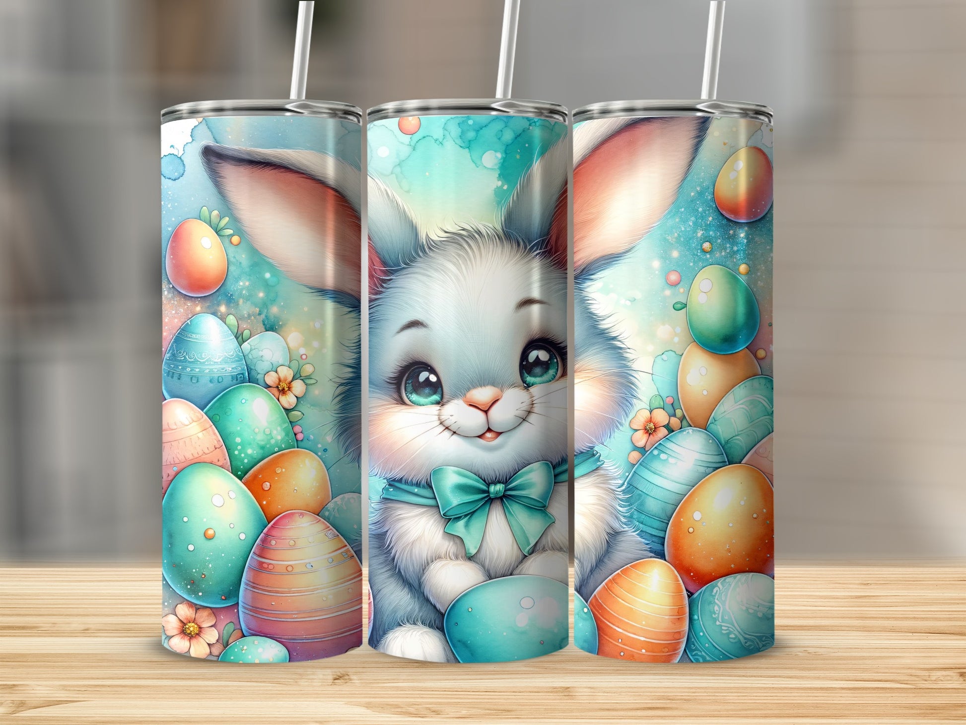 Cute Easter bunny with colorful eggs and flowers on a tumbler.