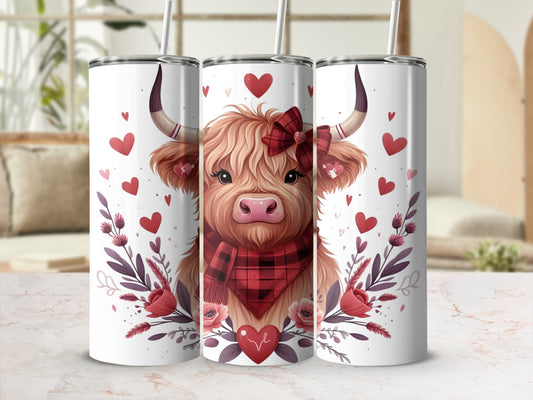 Highland cow with red plaid bandana and bow, surrounded by hearts and flowers.