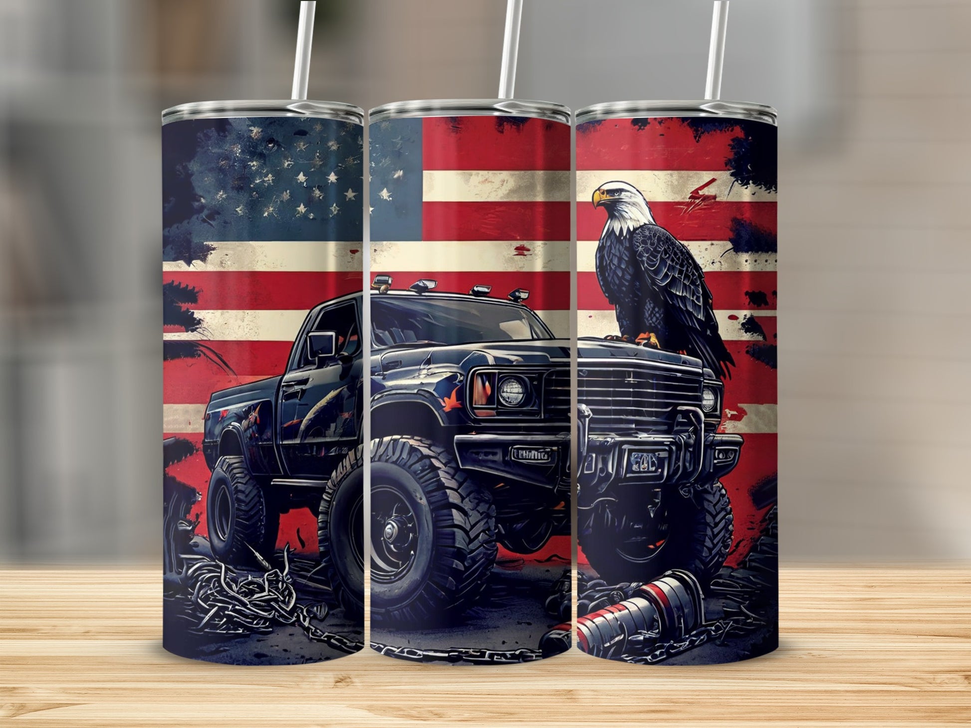 Truck, eagle, and American flag design on three tumblers.