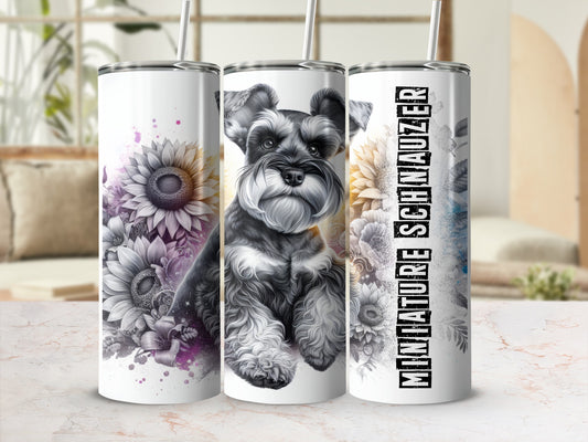 Miniature Schnauzer on a white tumbler with sunflowers and watercolor splashes.