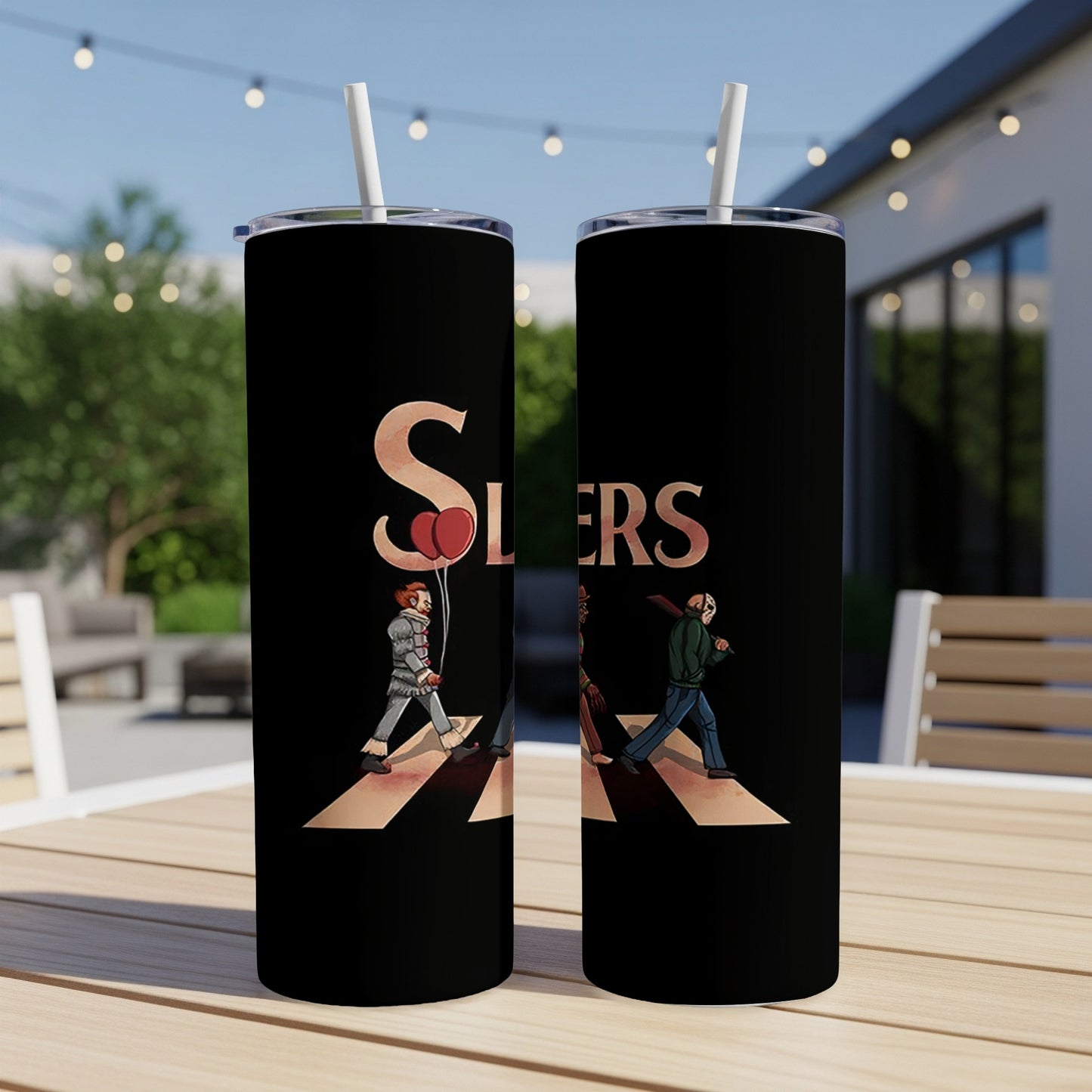 Two black tumblers with horror characters walking on a crosswalk, spelling "S L E E P E R S".
