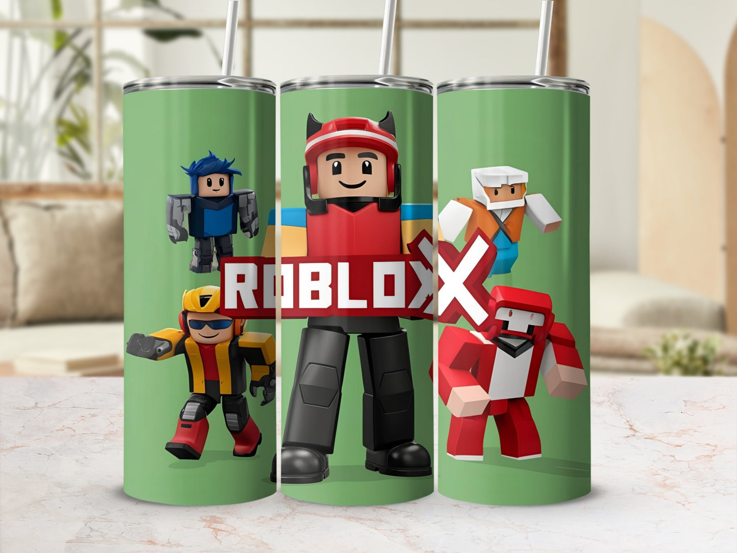 Roblox characters and logo on a green background.