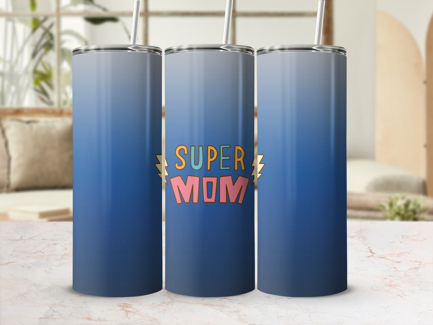 Gradient blue tumbler with "SUPER MOM" text.