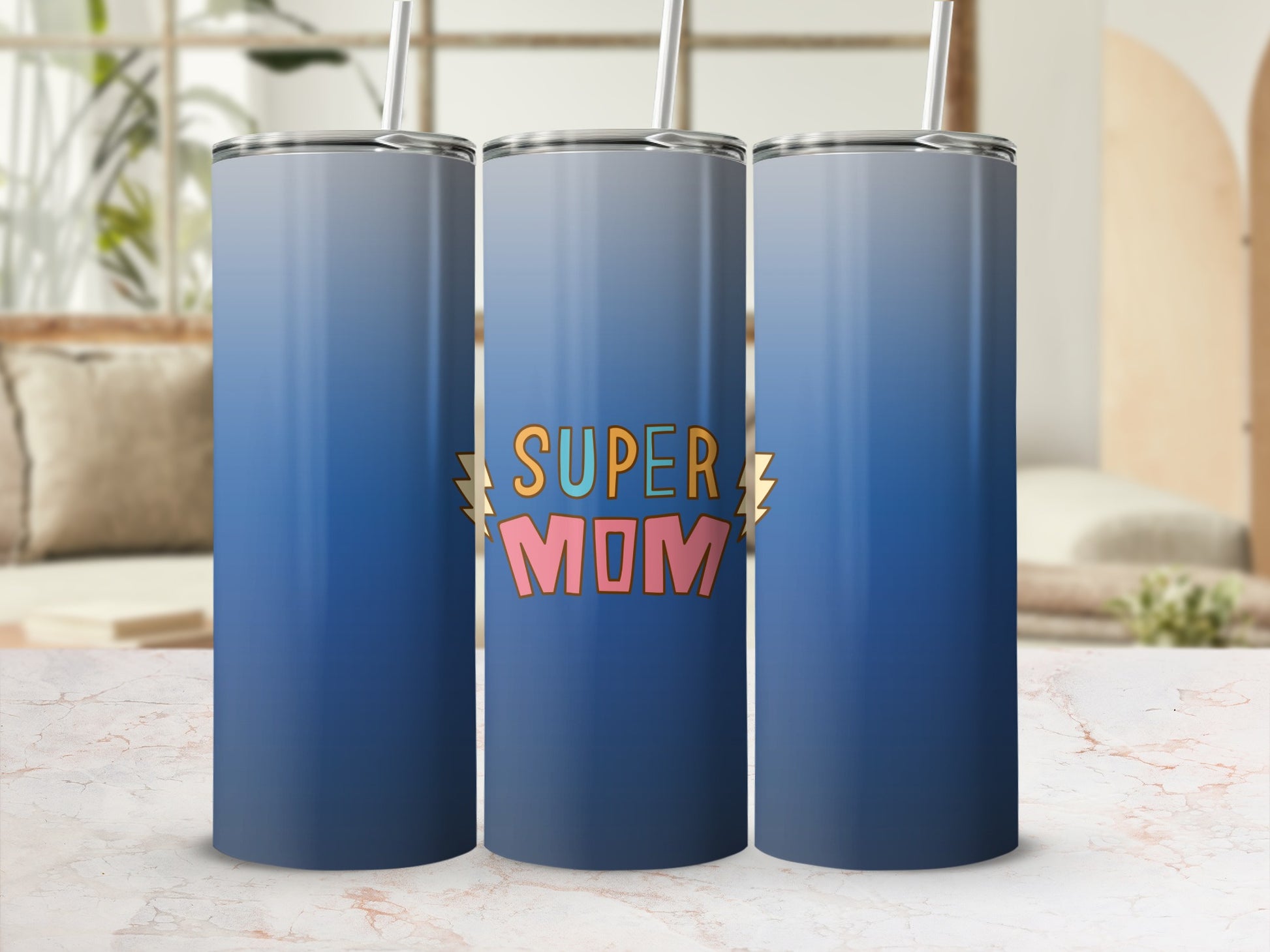 Gradient blue tumbler with "SUPER MOM" text.