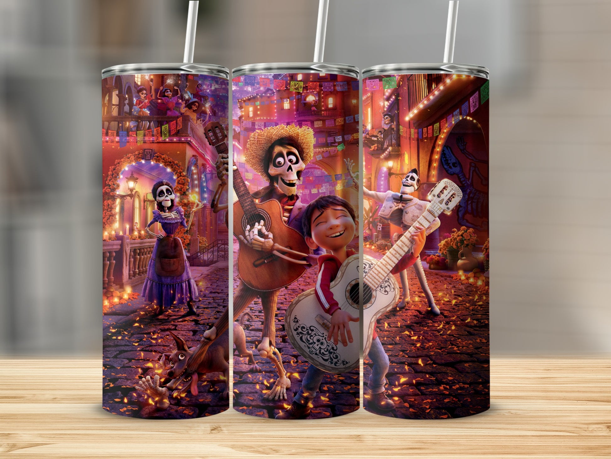 Festive Skeletons Playing Guitars Scene Tumbler