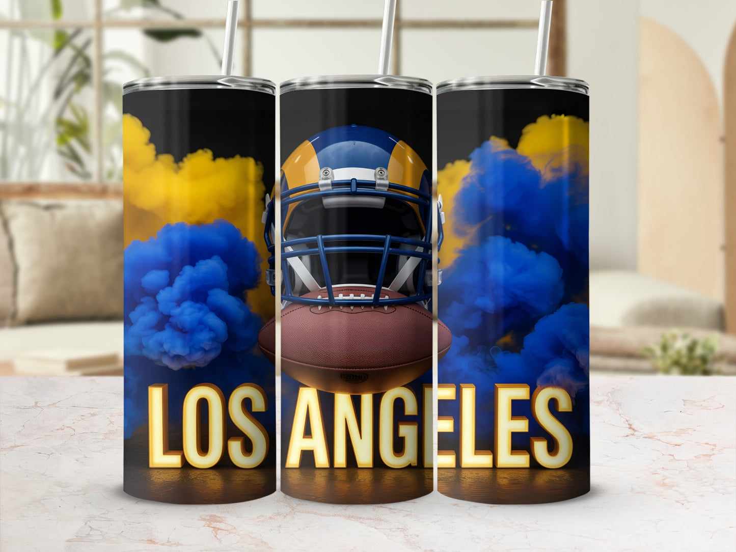 Los Angeles Rams football helmet with smoke effects, on tumblers.