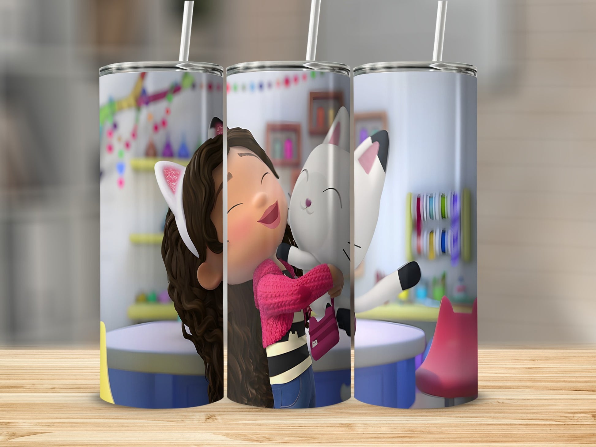 Gabby's Dollhouse characters Gabby and Pandy Paws embracing on a tumbler.