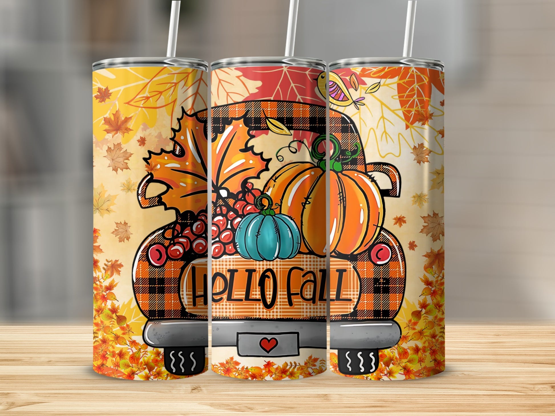 Hello Fall Pumpkin and Leaves Design Tumbler Product