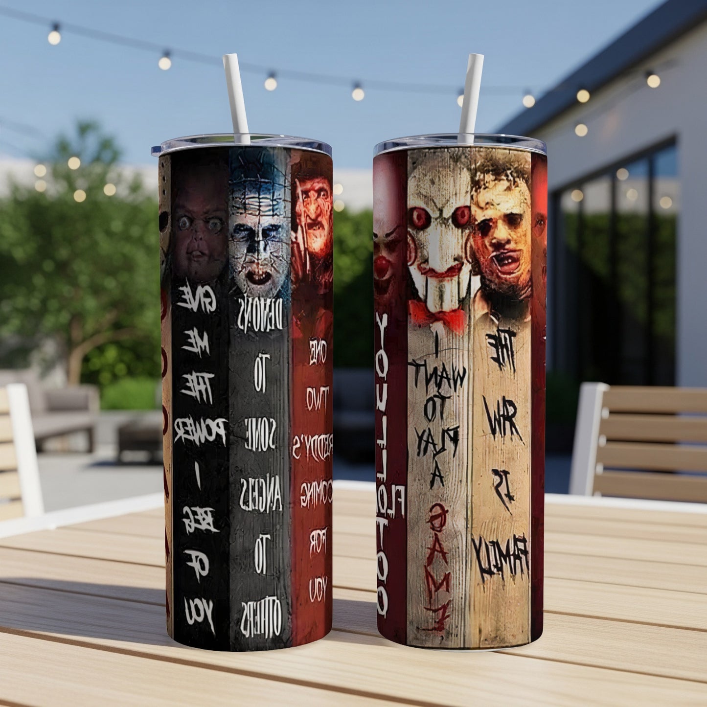 Two tumblers featuring horror movie characters and quotes on a wooden table.