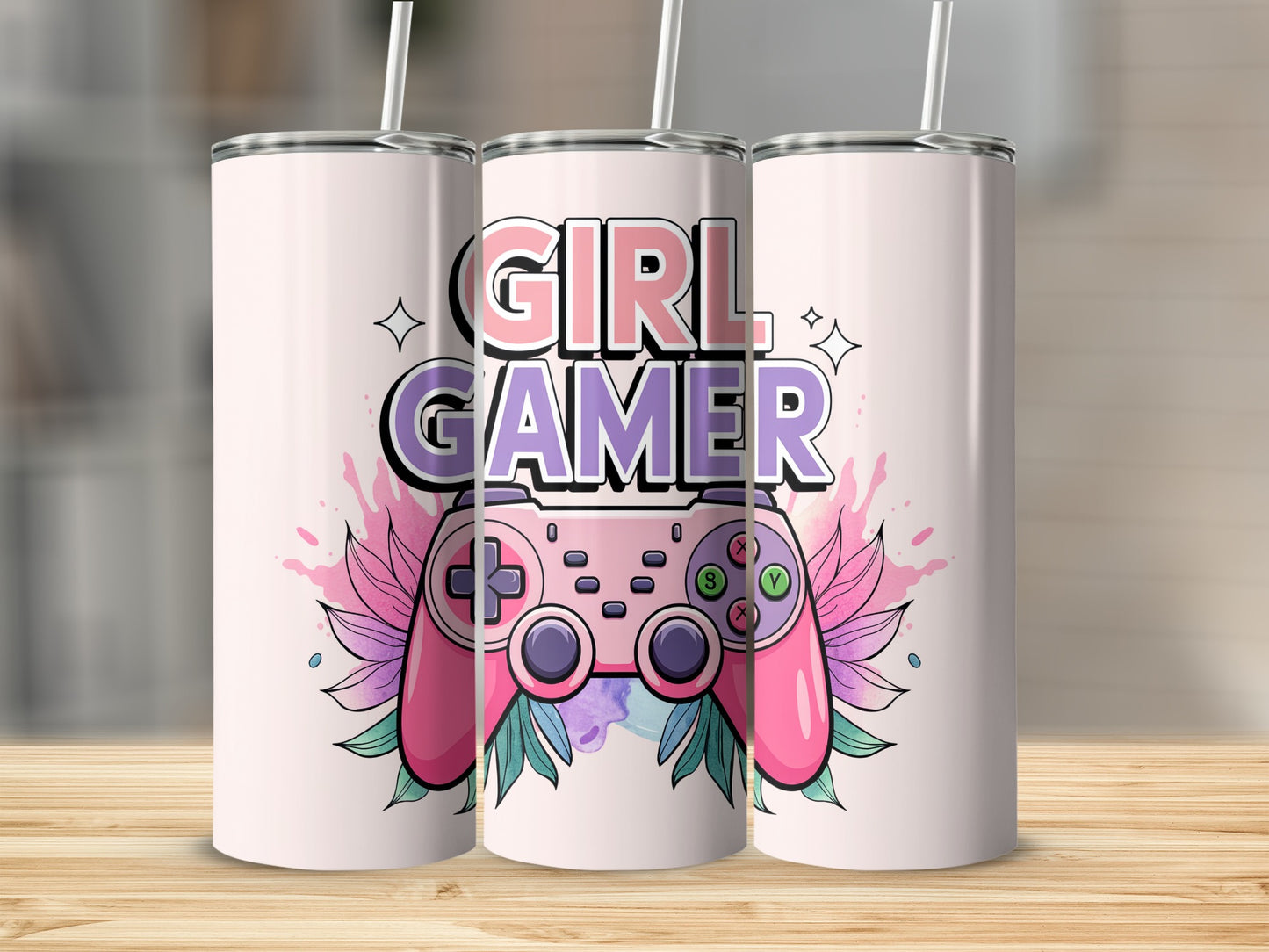 Pink and purple "Girl Gamer" text with video game controller and floral accents.