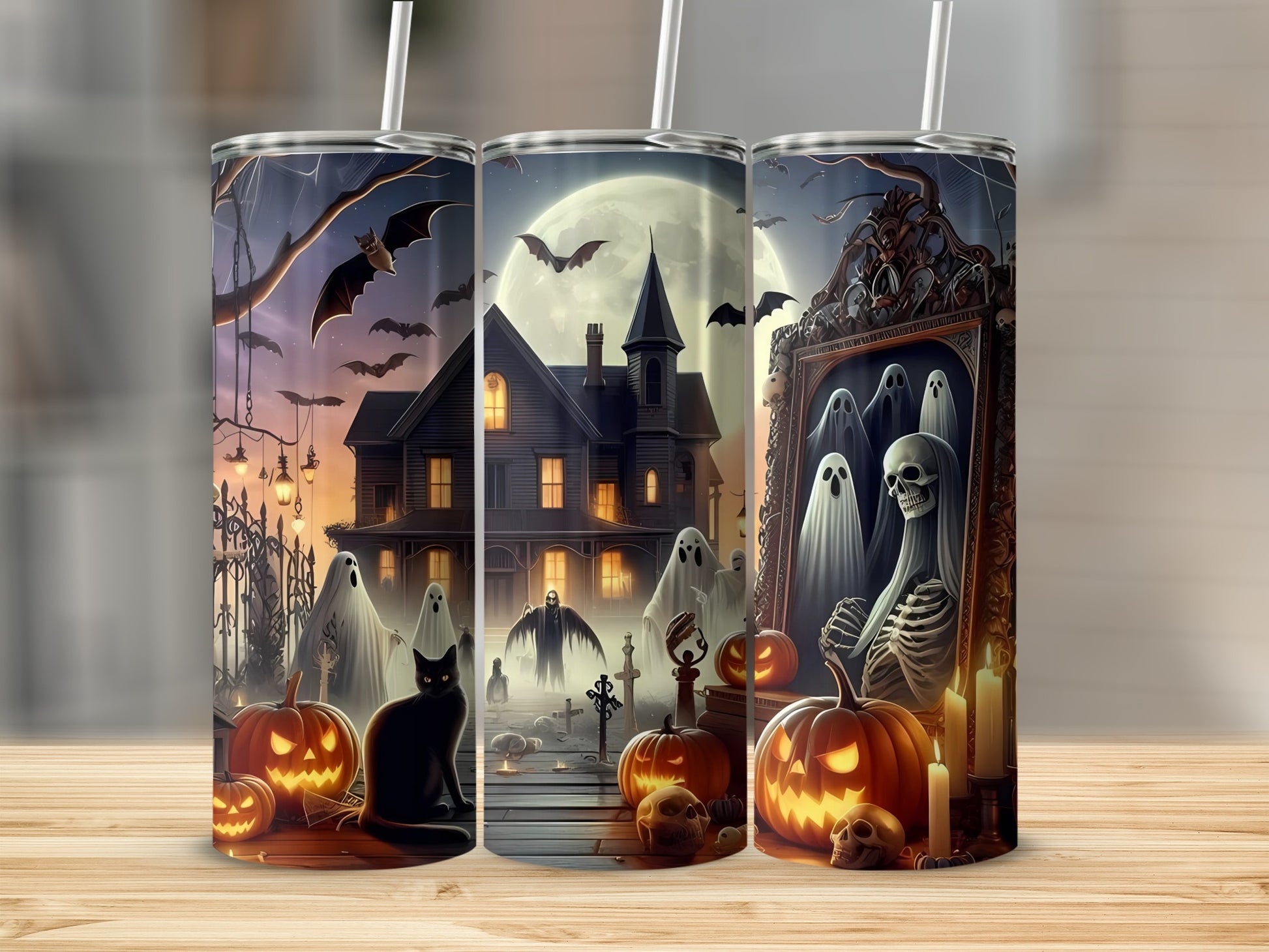 Halloween scene with haunted house, ghosts, bats, pumpkins, black cat, and skeleton.
