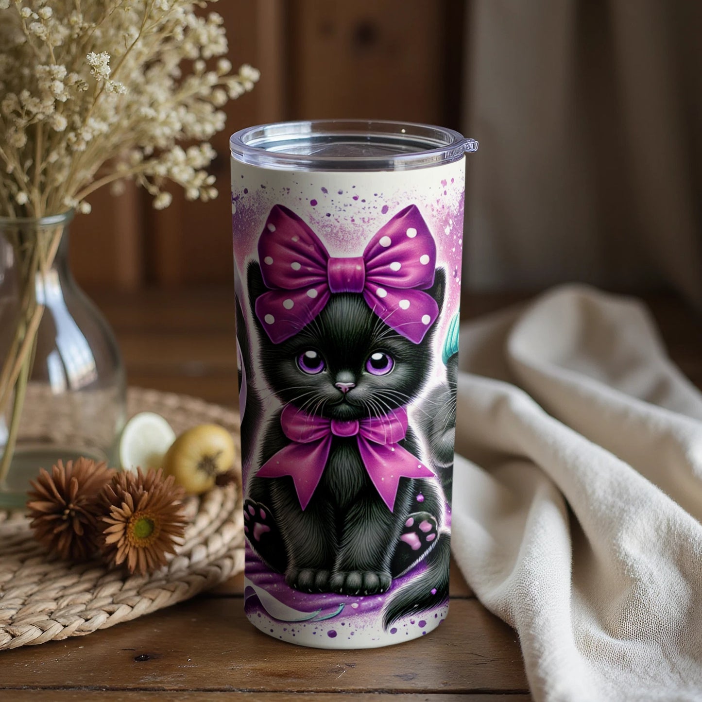Cute Black Cat with Purple Bow Tumbler Cup