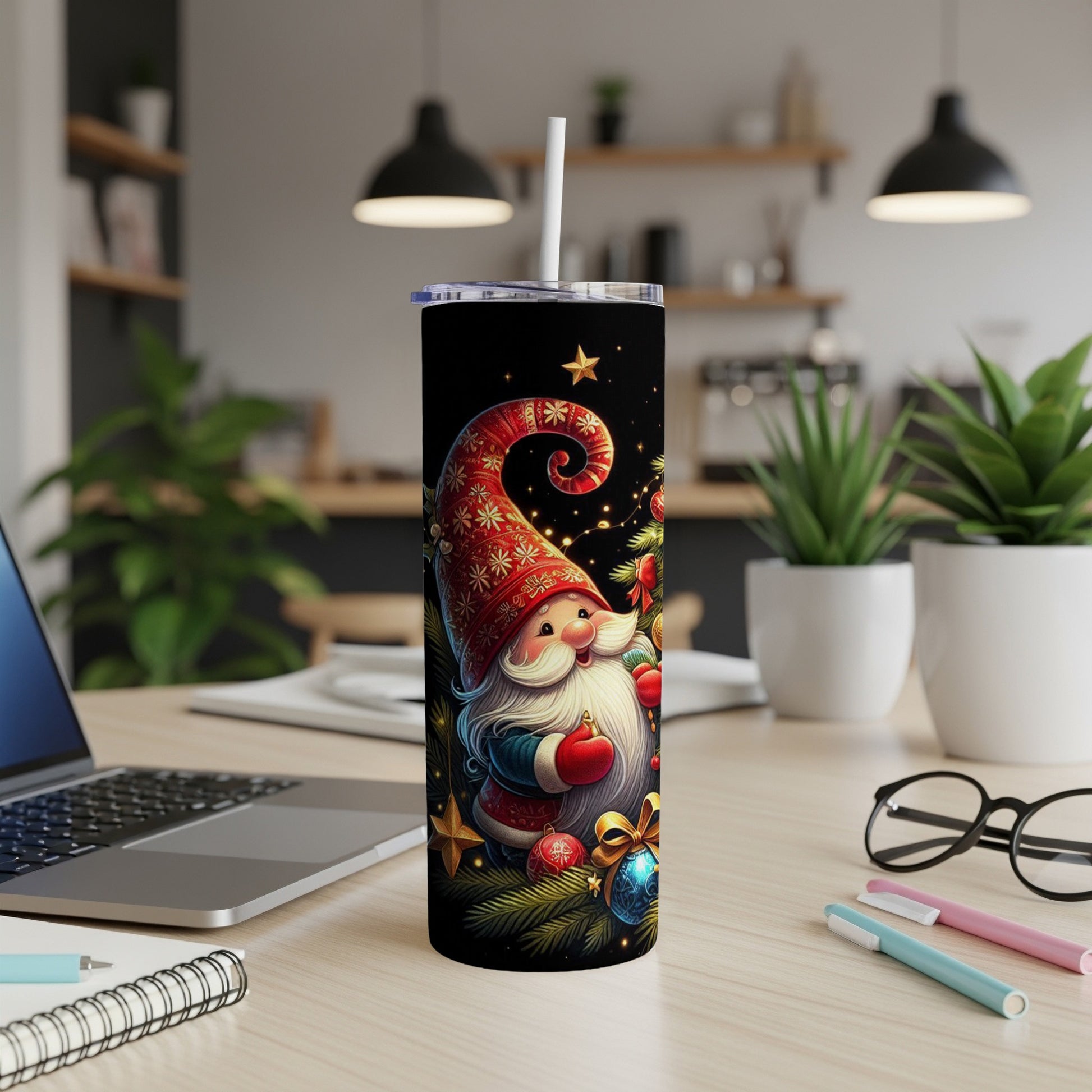 Black tumbler with festive gnome, ornaments, and star Christmas design.