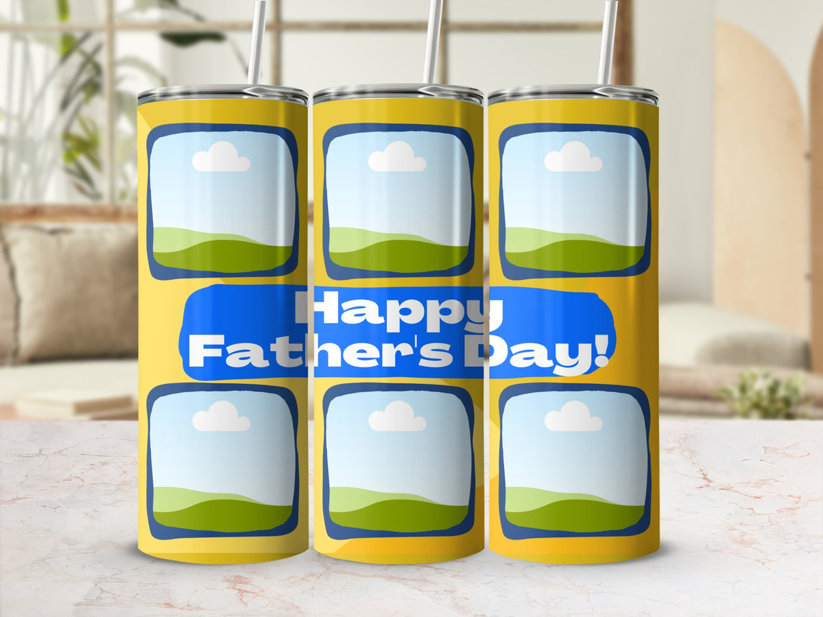 Yellow tumblers with photo frames and "Happy Father's Day!" text.