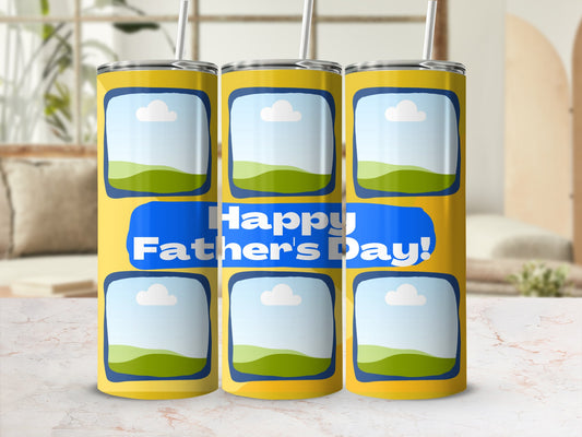 Yellow tumblers with photo frames and "Happy Father's Day!" text.