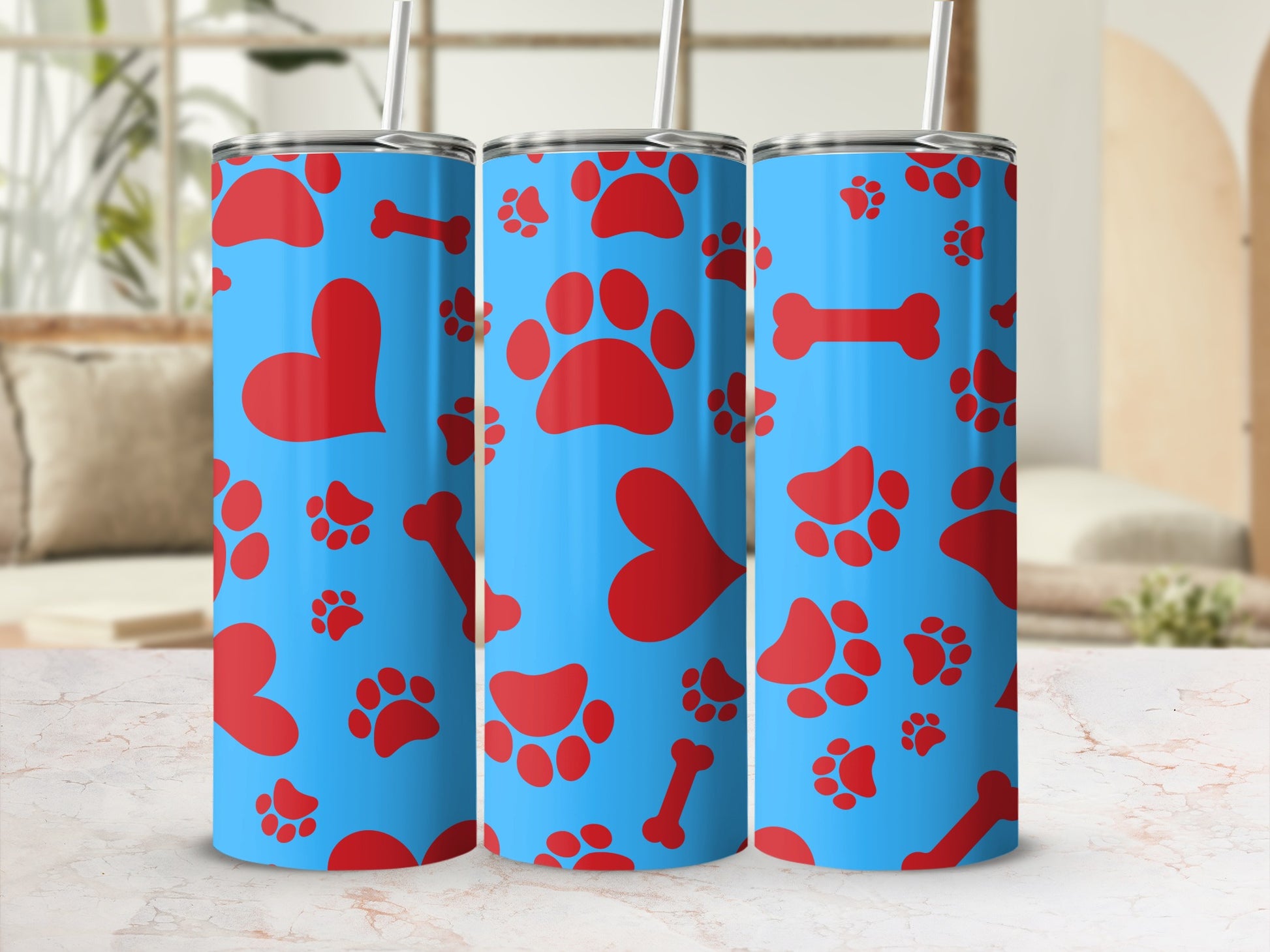 Blue Tumbler with Red Paws and Hearts Pattern Beverage Cup