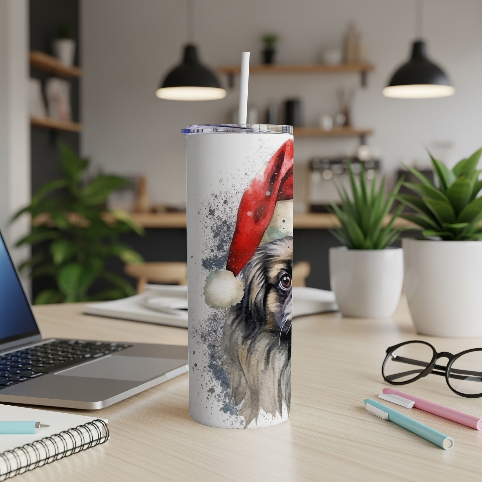Watercolor painting of a dog wearing a Santa hat on a tumbler cup.