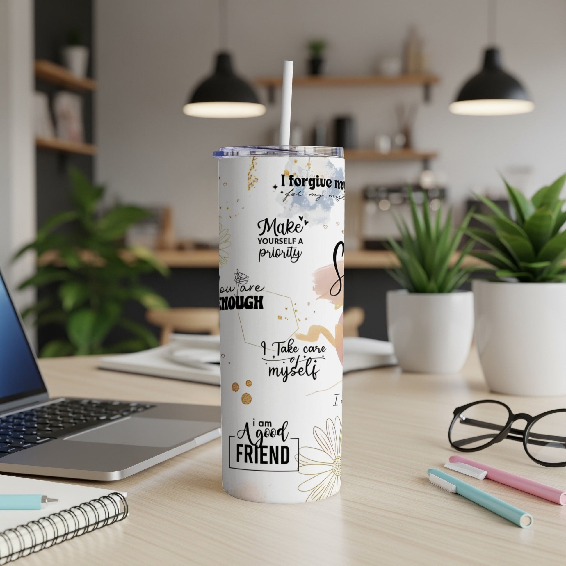 Tumbler with inspirational text "Make yourself a priority" and "I forgive myself".