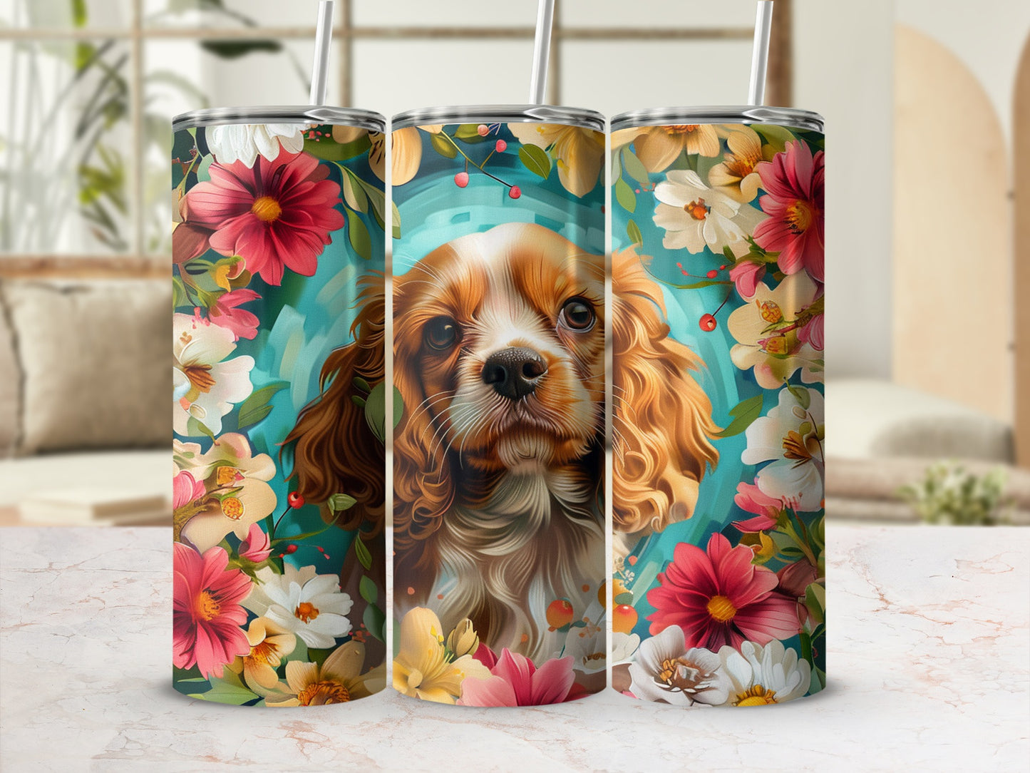 Cavalier King Charles Spaniel surrounded by colorful flowers.